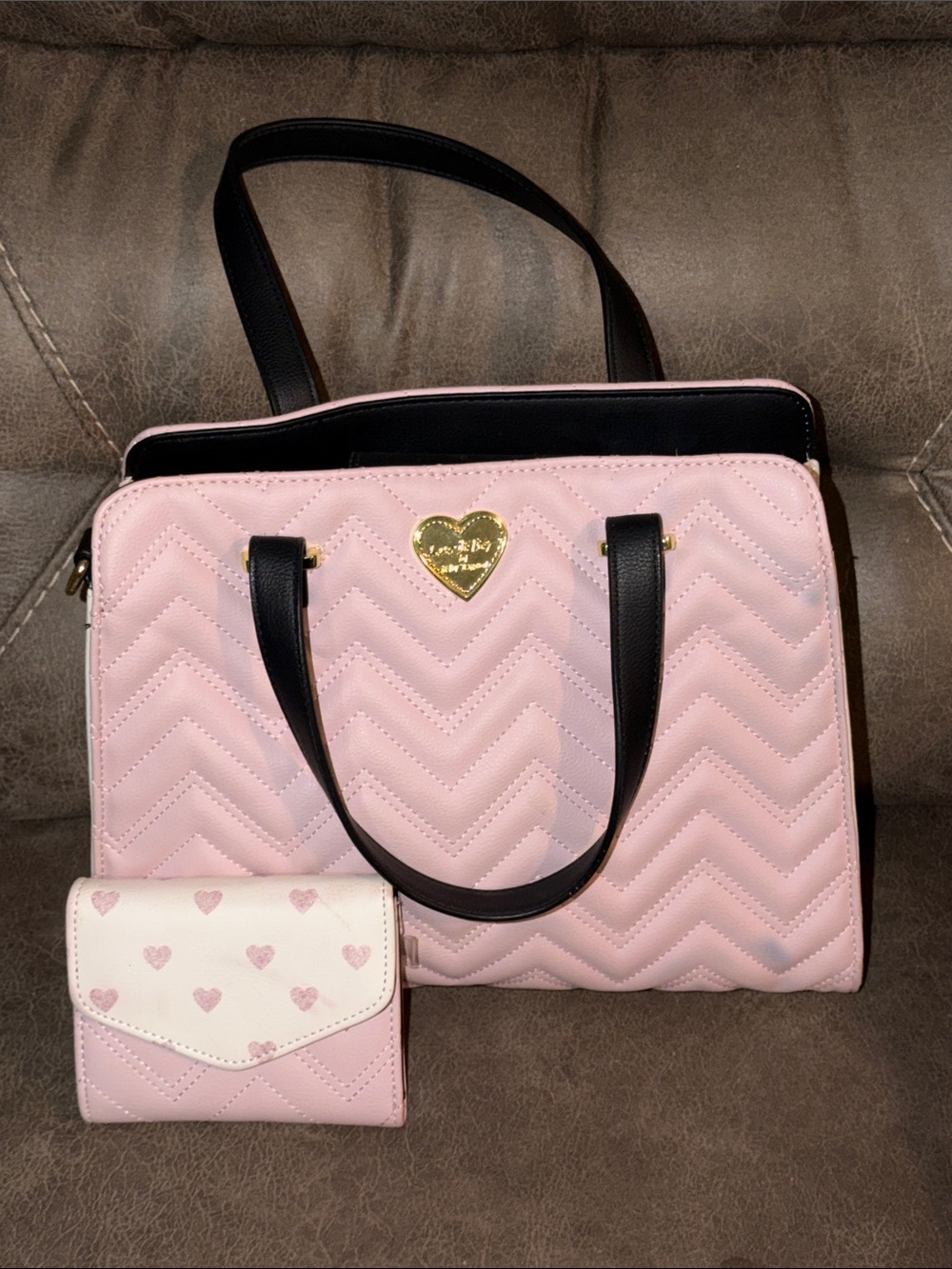 Luv Betsey Quilted Pink Tote Bag with Black Trim - Heart Accent
